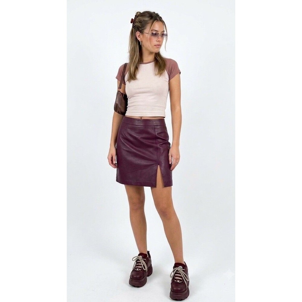 Vintage Gantos Plum Wine 100% Genuine Leather Skirt Retro 90s Y2K Fitted Size 10